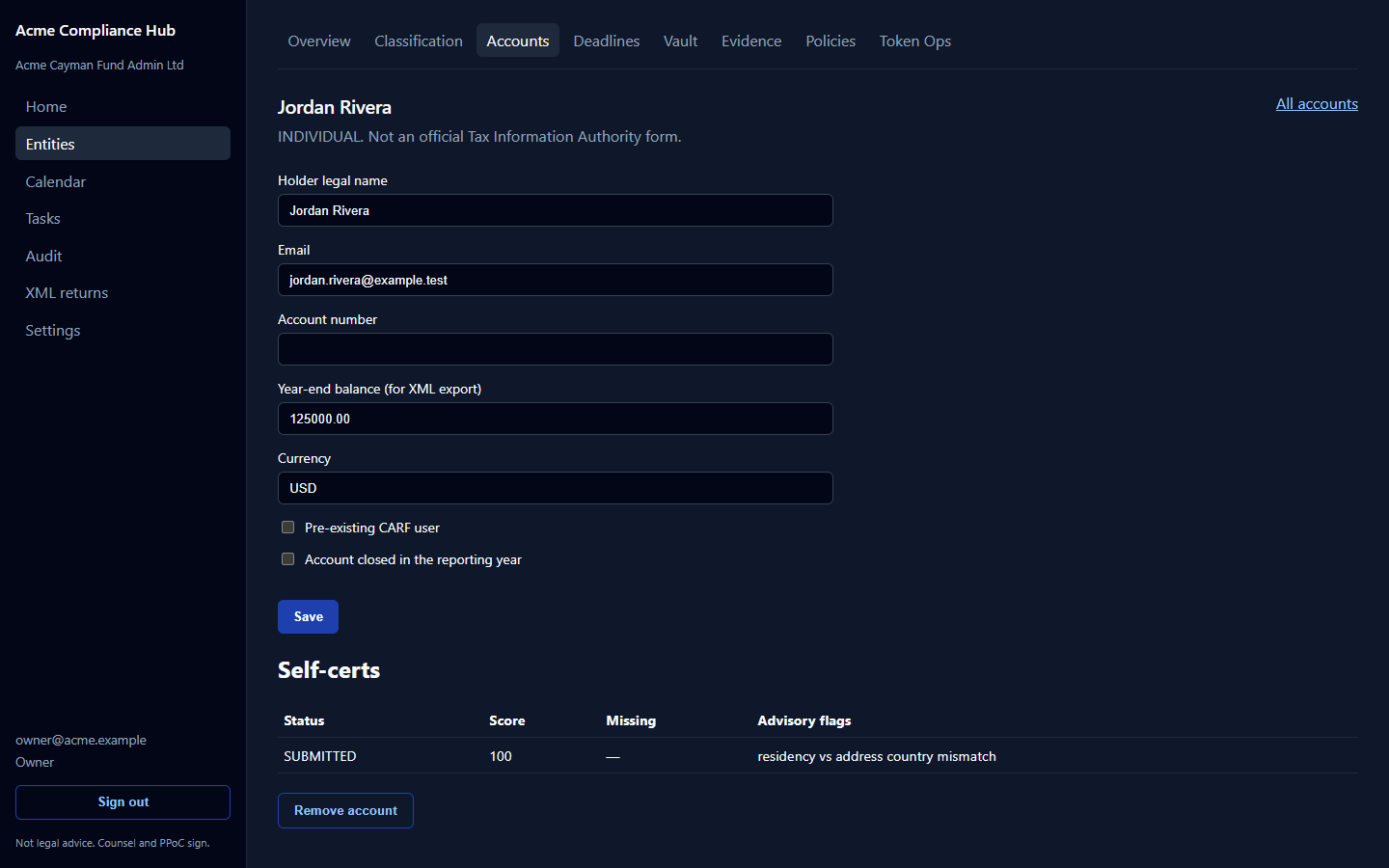 Account detail with a submitted self-cert and advisory completeness flags. Synthetic Acme book.