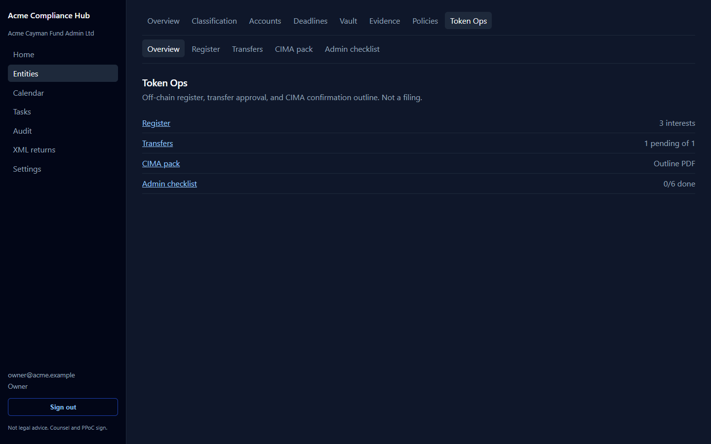 Token Ops hub with register, transfer approval, CIMA pack outline, and admin checklist. Synthetic Acme book.